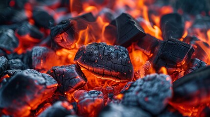 Intense fiery coals glowing in the depths of a dark grill, embers of heat and energy.
