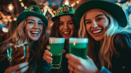 A group of cheerful young adults is having a blast during St. Patrick's Day celebrations, clinking glasses filled with green beer in a warmly lit pub.
