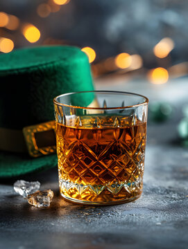 Elegant crystal whiskey glass filled with amber liquid on a dark table with festive green background, in celebration of St. Patrick's Day, in a portrait orientation image