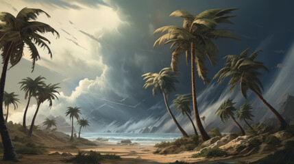 Weather forecast - heavy rain storm wind in the sea palm trees on the shore, disasters due to climate warming - obrazy, fototapety, plakaty