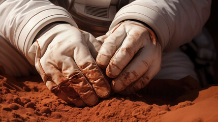 Close-up of an astronaut's gloved hands clasping the fine, reddish soil of Mars, symbolizing human exploration and discovery - obrazy, fototapety, plakaty