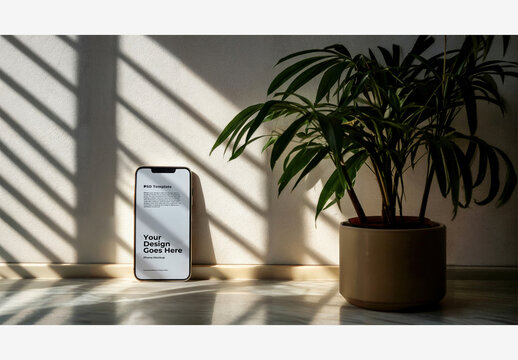 Phone Mockup Template: Plant on Table with Shadow on Wall, White Wall Background, Window Sill with Potted Planter Phone Mockup Template Screen
