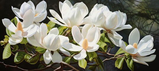 Vibrant magnolia blossoms in full bloom on a sunlit spring day, awaking the beauty of nature