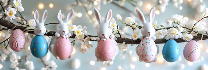 Banner with handmade easter garland with bunnies and easter eggs