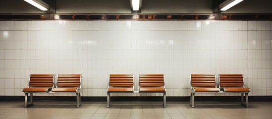 Vacant billboard in subway station lacking chairs