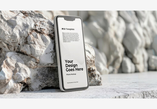 Phone Mockup Template Screen on Rock Wall with Grass and White Background