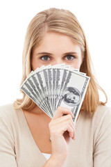 Face, eyes and woman with cash fan, bonus for success or reward, cashback or lotto win on white background. Money, award or salary with financial freedom, investment and portrait for winner in studio
