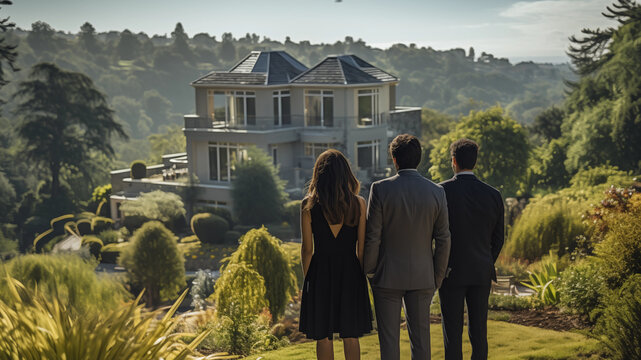 Couple With A Realtor Looking At A House To Buy. Concept Of Buying A House, Man Looking At A House He Wants To Buy.