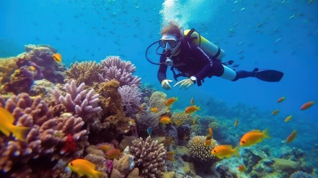 Underwater divers with coral reefs with fish, Similan, Andaman Sea,