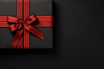 Top view of black background with black bow tied on gift box wrapped in red striped paper in black friday banner.