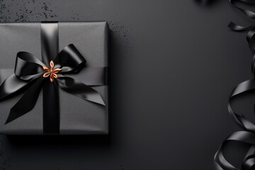 Black Friday theme. Fancy black gift box with bow near package. Sale template with space for text.