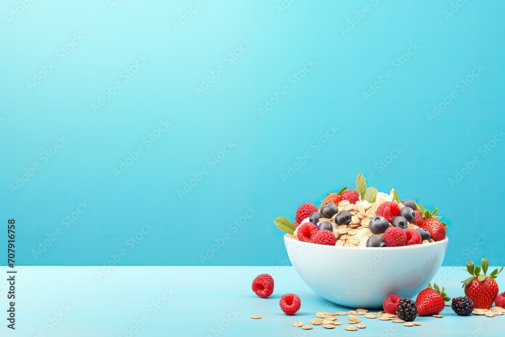 Canvas Prints Healthy cereal bars and berries placed in a bowl on a blue background.