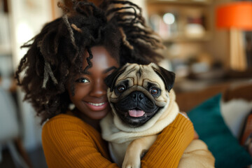 Obraz premium Happy black woman hugging her pug dog in a living room