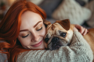 Happy redhead woman hugging her pug dog in a living room