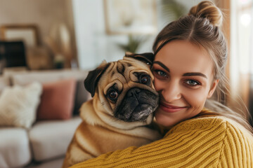 Happy blonde woman hugging her pug dog in a living room