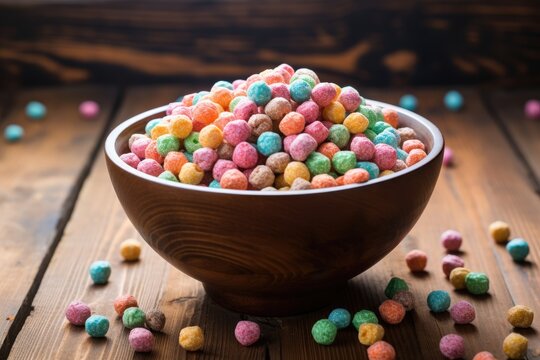 Colorful cereal in a bowl on aged wood.