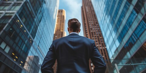 Fototapeta na wymiar businessman stands against the backdrop of skyscrapers, rear view Generative AI