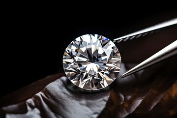 Certified diamond with tweezers and laser inscription, 045 ct, brilliant cut - obrazy, fototapety, plakaty