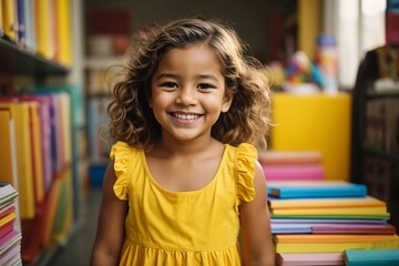 A playful child with a contagious smile, dressed in a vibrant yellow dress and surrounded by colorful school supplies,concept of back to school
