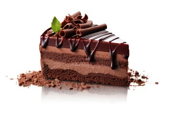 Obraz premium Fresh and delicious chocolate cake on isolated white background with shadow