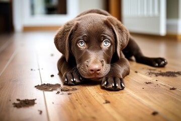 Indoor dirt with a puppy of the Chocolate Labrador Retriever breed.