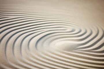 Fototapeta na wymiar Sandy texture with circle lines on natural sand background, representing balance, harmony, and spirituality in Japanese zen garden.