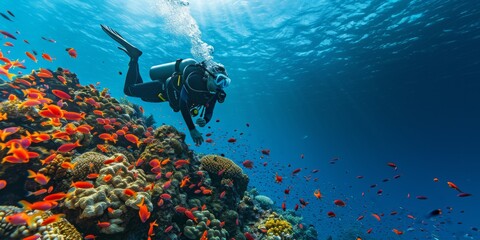 scuba diver under ocean water Generative AI - obrazy, fototapety, plakaty