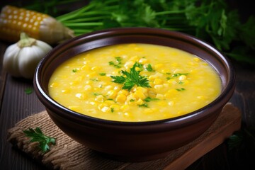 Corn soup served in a bowl.