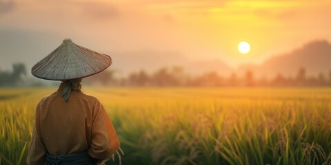 Naklejka na ściany i meble Asian farmer working in Chinese field Generative AI