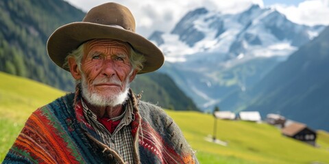 elder shepherd against the backdrop of mountains and pasture Generative AI