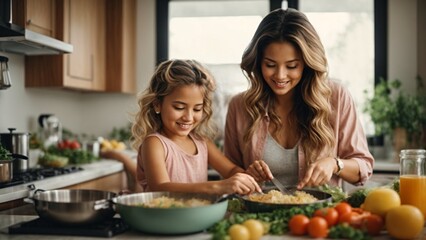 Beautiful happy mother and daughter cooking lunch together at home

