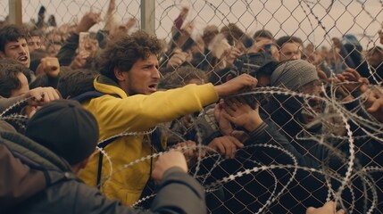 Refugees try to cross the border fence. - obrazy, fototapety, plakaty