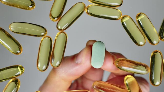 Hand puts a pill on the glass table among yellow capsules with vitamin E and fish oil, close up of transparent colored pills