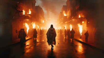 A magician walking on a city of fire