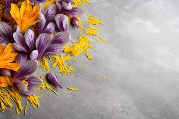 Saffron and crocus flowers dried on table, flat lay. Text space available.