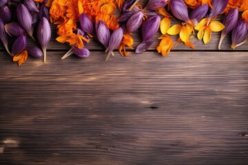 Saffron and crocus flowers dried and placed on wooden table. Creative space for text.