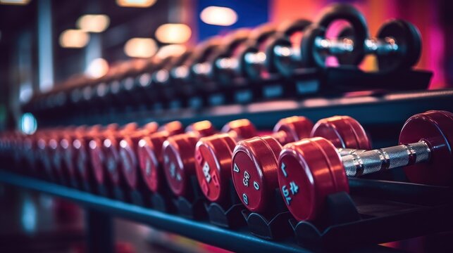 Rows of dumbbells in the gym with hand. ( Filtered image processed vintage effect. )