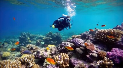 Fototapeta na wymiar scuba diving in tropical ocean coral reef sea under water, scuba diver, diver, swim, caribbean, fiji, maldives, snorkel, marine life, aquatic, aqua blue, dive, travel,