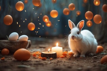 Royal Easter Delight: Adorable Bunny Surrounded by Easter Egg Treasures