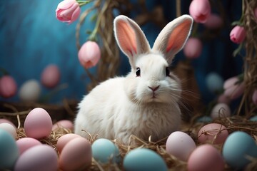 Royal Easter Delight: Adorable Bunny Surrounded by Easter Egg Treasures