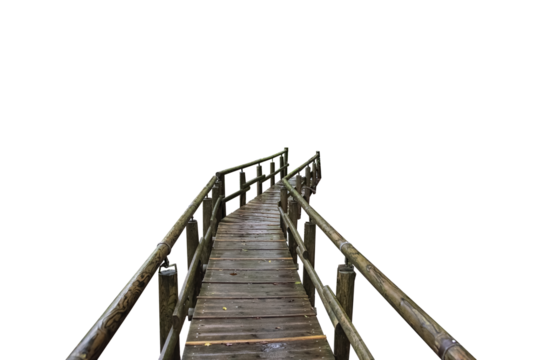 Cutout of an isolated front view of an empty wet wooden jetty bridge with the transparent png	