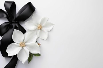 Top view of white flower and black ribbon on white background, space for text