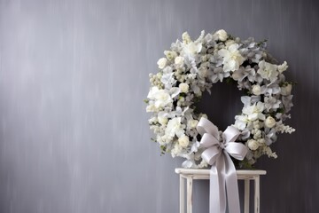 Plastic flower wreath by light grey wall at indoor funeral - obrazy, fototapety, plakaty