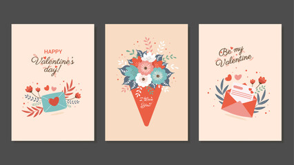 Romantic Valentine's Day Greeting Cards in Retro Colors. Vector Templates