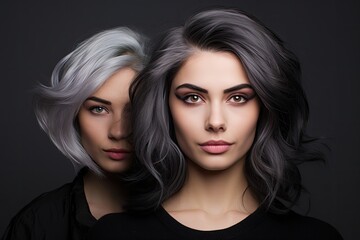 Naklejka premium Before and after of a girl's black gray hair color.