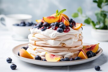 Tasty homemade summer dessert, meringue Pavlova cake with fresh fruits and cream