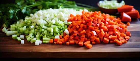 Chopped vegetables in a kitchen: green/red pepper, carrot, leek.