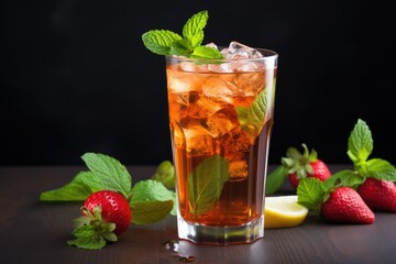 Summer drink with iced mint tea and strawberries.