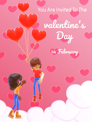Invitation card for Valentine's Day celebration with 3D character illustration