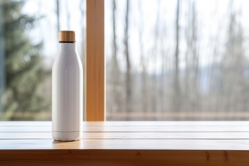 Text space on chic thermal bottle placed on wooden home table